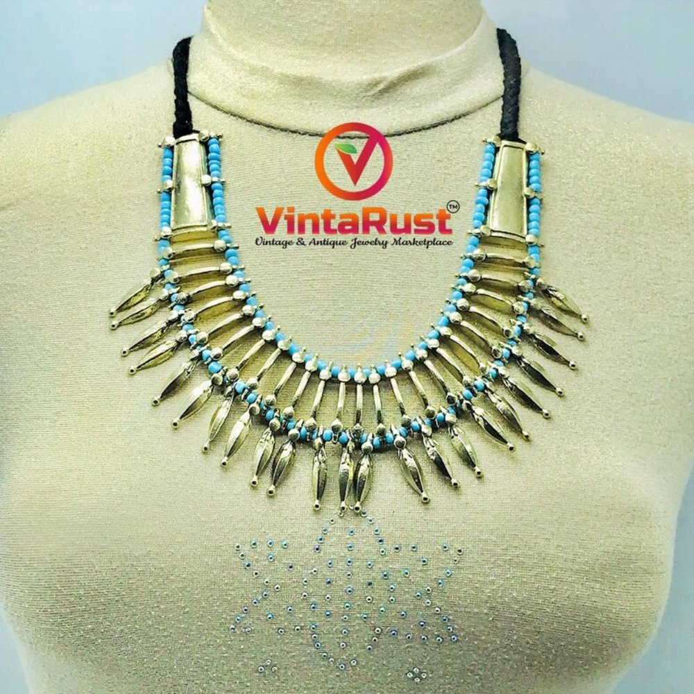 Vintage Afghan Choker Necklace Earring Set: Silver Metal Spikes, Sky Blue Beads